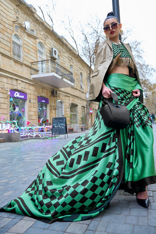 Alluring Green Color Printed Work Satin Crepe Silk Saree.