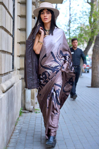 Brown Color Printed Work Graceful Satin Crepe Silk Saree.