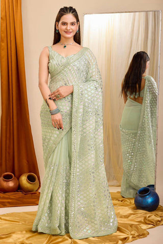 Fabulous Function Wear Sea Green Color Georgette Saree.