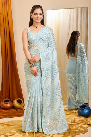 Function Wear Light Cyan Color Gorgeous Georgette Saree.
