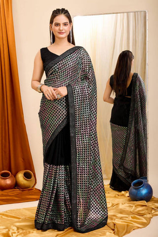 Heavy Georgette Fabric Sequins Work On Black Color Saree.