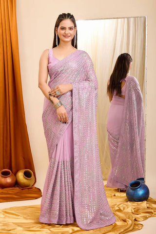 Trendy Georgette Fabric Pink Color Sequins Work Saree.