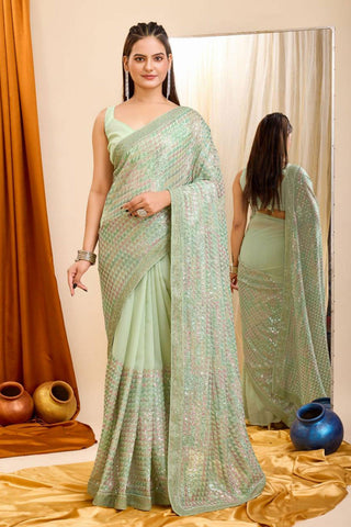 Trendy Sequins Work On Sea Green Color Saree In Georgette Fabric.