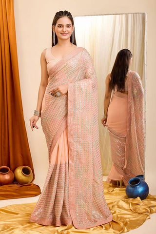 Peach Color Exquisite Sequins Work Saree In Georgette Fabric.