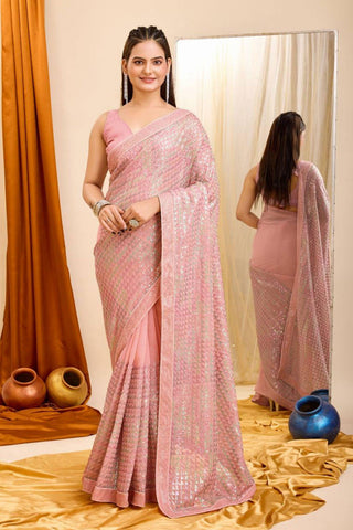 Georgette Fabric Sequins Work On Pink Color Amazing Saree.