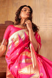 Banarasi Silk Fabric Festival Wear Vivacious Saree In Rani Color.