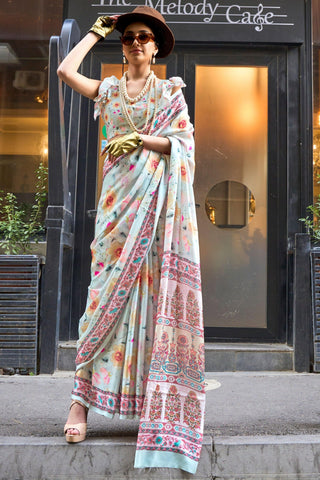 Art Silk Fabric Light Cyan Color Riveting Saree With Printed Work.
