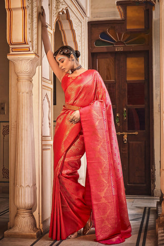 Amazing Weaving Work On Red Color Art Silk Fabric Saree.