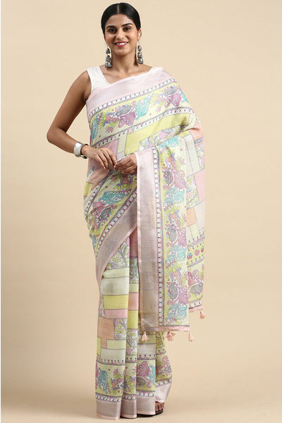 Casual Wear Imposing Printed Linen Saree In Multi Color.