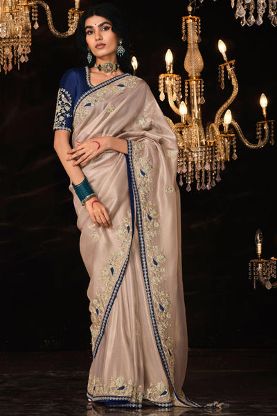 Beige Color Fancy Fabric Coveted Saree With Embroidered Work.
