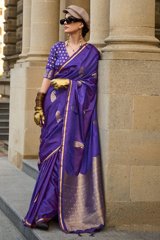 Elegant Function Wear Satin Fabric Weaving Work Saree In Purple Color.