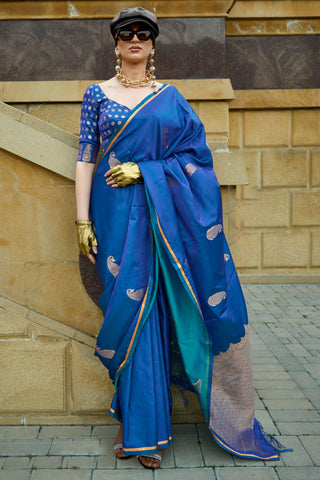 Function Style  Satin Fabric Weaving Work Blue Color Saree.