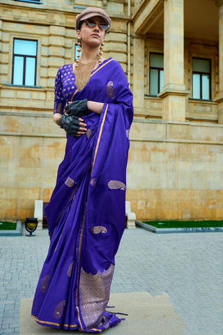 Contemporary Purple Color Satin Fabric Saree For Function.