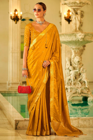 Blazing Mustard Color Weaving Work Function Wear Satin Silk Saree.