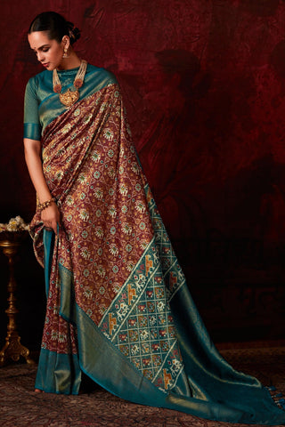 Attractive Patola Style Printed Silk Saree In Brown Color - women's fashion mart