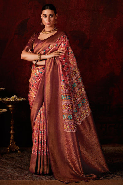 Alluring Rust Color Patola Style Printed Silk Saree - women's fashion mart