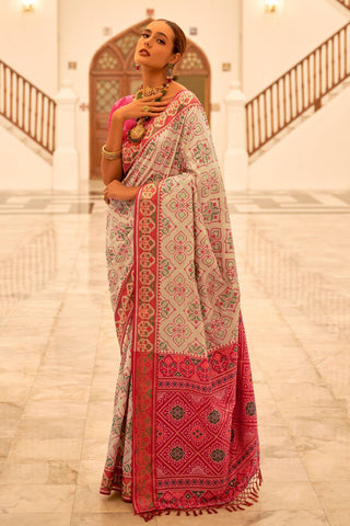 White Color Printed Work Brilliant Banarsi Silk Patola Saree - women's fashion mart