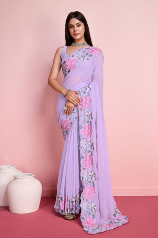 Lavender Embroidery Border Work Georgette Saree With Blouse - women's fashion mart