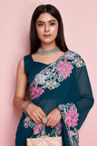 Teal Georgette Embroidery Border Work Saree With Blouse - women's fashion mart