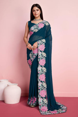 Teal Georgette Embroidery Border Work Saree With Blouse - women's fashion mart