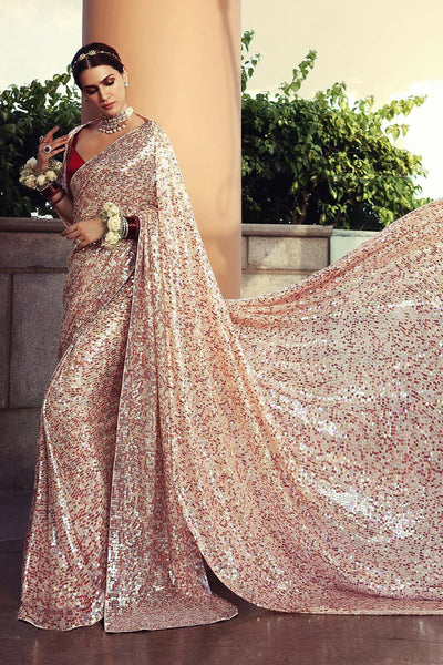 Kriti Sanon Inspired Sequins Work Beige Georgette Festive Wear Saree With Designer Blouse - women's fashion mart