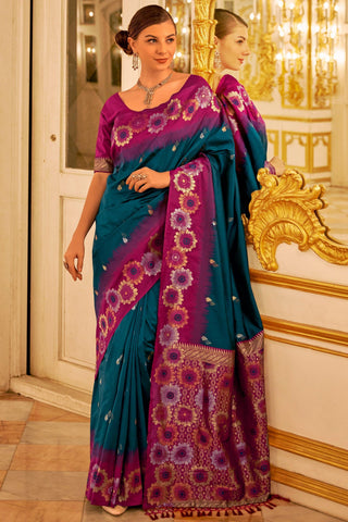 Alluring Weaving Work Teal Color Banarasi Silk Saree - women's fashion mart