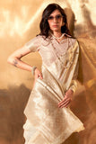 Attractive Cream Color Weaving Work Linen Cotton Saree - women's fashion mart