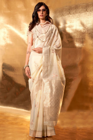 Attractive Cream Color Weaving Work Linen Cotton Saree - women's fashion mart
