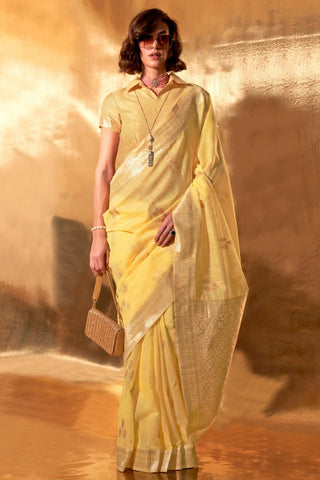 Blazing Yellow Color Weaving Work Linen Cotton Saree - women's fashion mart