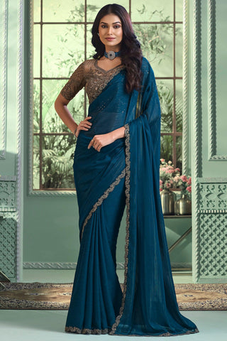 Entrancing Georgette Fabric Saree In Teal Color With Border Work - women's fashion mart