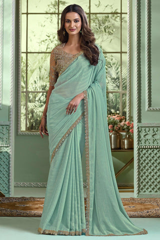 Radiant Border Work On Sea Green Color Chinon Fabric Saree - women's fashion mart