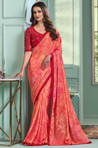 Peach Color Border Work On Chiffon Fabric Beatific Saree - women's fashion mart