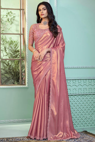 Tempting Georgette Fabric Peach Color Saree With Border Work - women's fashion mart