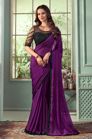 Georgette Fabric Purple Color Saree With Winsome Border Work - women's fashion mart