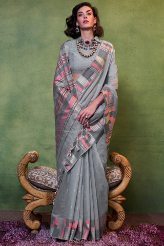 Alluring Grey Color Handloom Weaving Fancy Cotton Saree - women's fashion mart