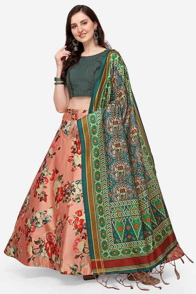 Awesome Printed Work On Satin Silk Fabric Peach Color Lehenga - women's fashion mart