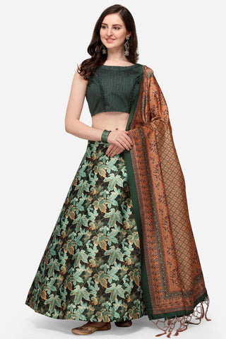 Tempting Satin Silk Fabric Green Color Lehenga With Printed Work - women's fashion mart