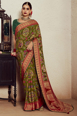 Weaving Work Imposing Brasso Fabric Saree In Olive Color - women's fashion mart