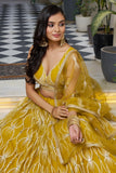 Elegant Mustard Color Net Fabric Sangeet Wear Sequins Embroidered Lehenga - women's fashion mart