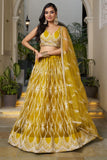Elegant Mustard Color Net Fabric Sangeet Wear Sequins Embroidered Lehenga - women's fashion mart