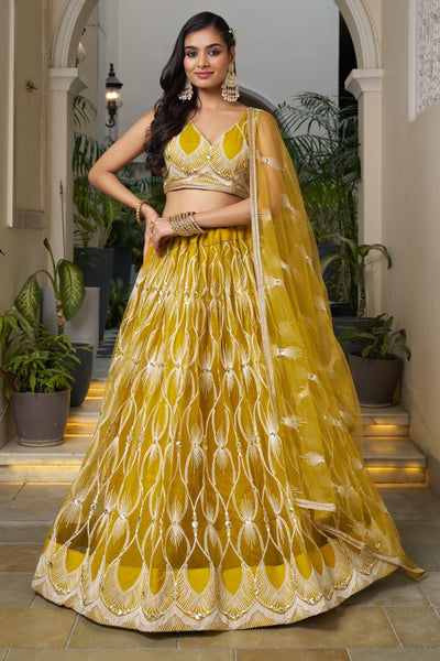Elegant Mustard Color Net Fabric Sangeet Wear Sequins Embroidered Lehenga - women's fashion mart