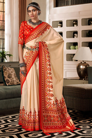 Imposing Pure Tusser Patola Printed Saree In Beige Color - women's fashion mart