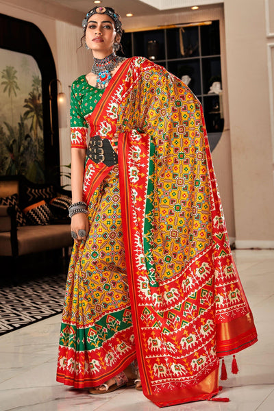 Blazing Yellow Color Pure Tusser Patola Printed Saree - women's fashion mart