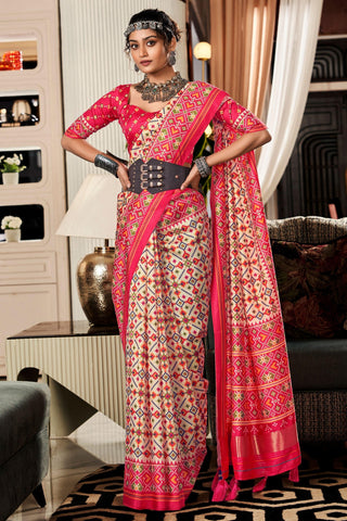Cream Color Exquisite Pure Tusser Patola Printed Saree - women's fashion mart