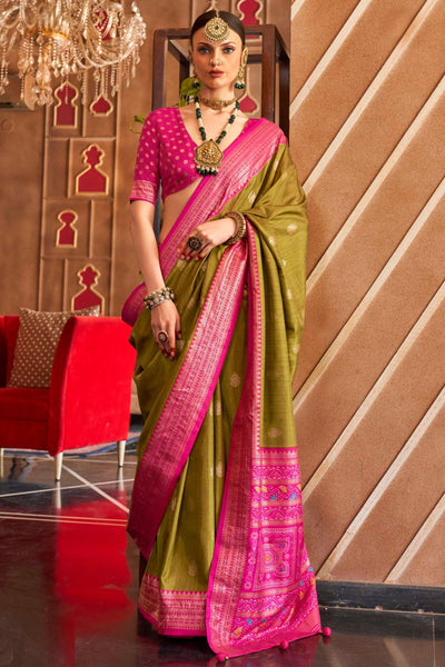 Olive Color Sober Patola Printed Saree In Art Silk Fabric - women's fashion mart