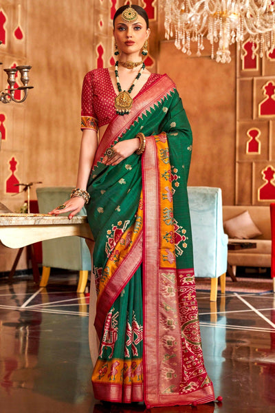 Art Silk Fabric Bewitching Patola Printed Saree In Green Color - women's fashion mart