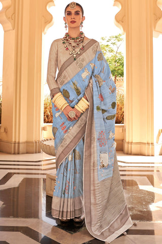 Art Silk Fabric Sky Blue Color Riveting Digital Printed Saree - women's fashion mart
