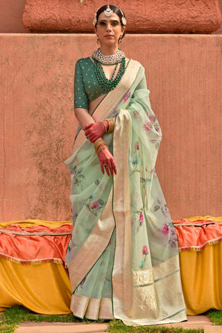 Engaging Sea Green Color Organza Silk Fabric Saree With Printed Work - women's fashion mart