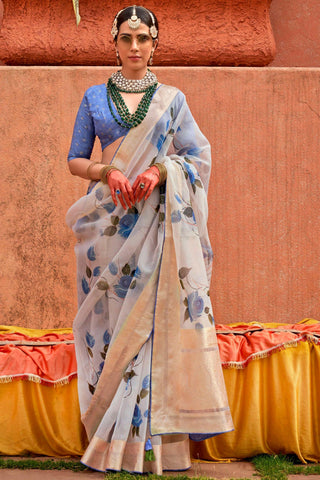 Amazing Off White Color Organza Silk Fabric Saree With Printed Work - women's fashion mart
