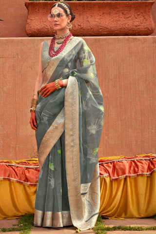 Solid Organza Silk Fabric Printed Work On Saree In Grey Color - women's fashion mart